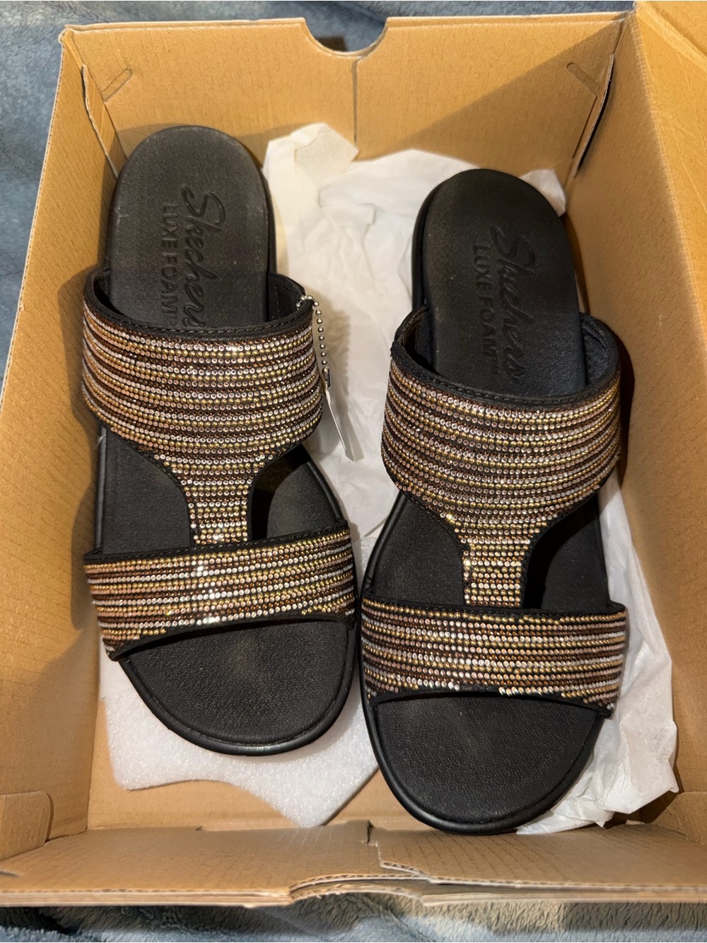 Skechers Women's Black Slide Sandals with Bronze Beading